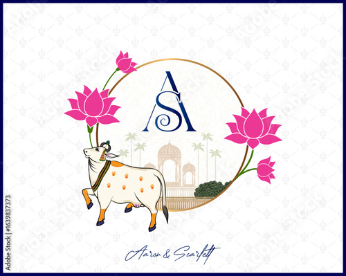 Elegant Indian wedding monogram logo featuring AS initials, lotus flowers, holy cow, and royal architecture. Perfect for luxury wedding branding, invitations, and decor.