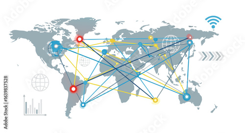 Global interconnected communication network illustrating worldwide data transmission and digital connectivity across continents and regions