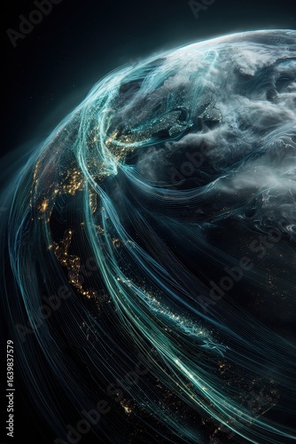 Earth with flowing light trails, night view, abstract digital art.