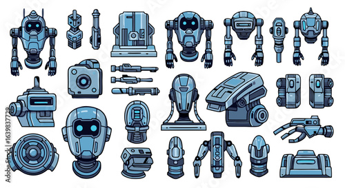 Collection of futuristic robot parts and mechanical components illustrating advanced technological design and robotics engineering concepts with