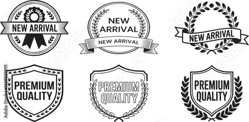 Six black and white vintage style labels for new arrivals and premium quality. new arrival label, premium quality, ribbon, badge, label,