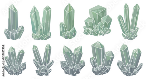 Collection of various transparent, geometric crystals with sharp edges and intricate facets, displayed in a minimalistic style on a white background