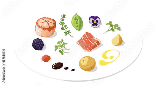 Exquisite assortment of fresh ingredients including salmon, vegetables, herbs, and condiments for a gourmet dish