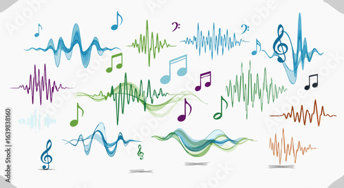 Vibrant collection of colorful sound waves and musical notes illustrating audio signals and musical vibrations in a modern abstract style with