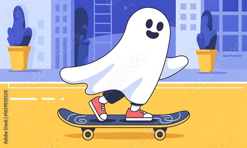 Playful ghost on skateboard wearing red sneakers and a sheet costume riding through a bright urban street, flat vector illustration of a cute Halloween mascot ideal for kids apparel, stickers
