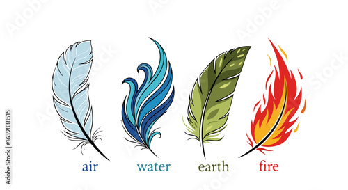 Vibrant elemental feathers representing air water earth and fire with distinctive colors and dynamic shapes illustrating natural elements conceptually