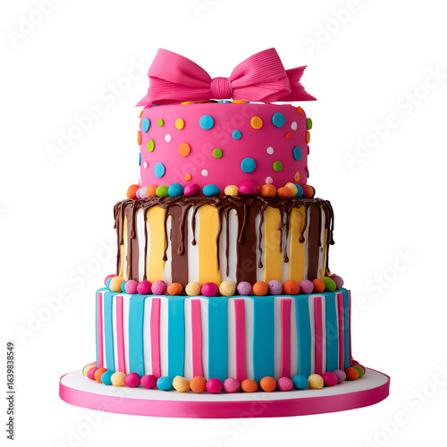 Wallpaper Mural Joyful Celebration: Colorful Three Tiered Birthday Cake with Pink Bow Torontodigital.ca