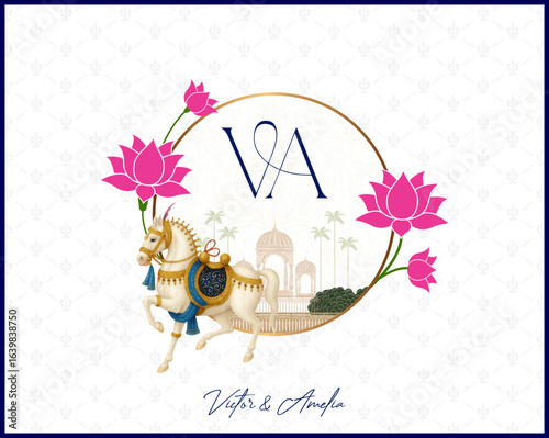 Elegant Indian wedding monogram logo featuring VA initials, royal horse, lotus flowers, and Taj Mahal backdrop in a gold circle frame.