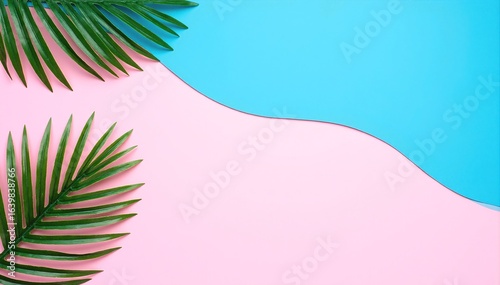 A vibrant pink and blue gradient background adorned with lush green palm leaves, creating a tropical and refreshing atmosphere perfect for summer vibes.