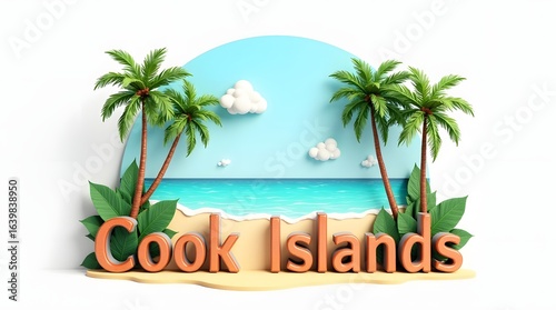 Wallpaper Mural 3D illustration of Rarotonga beach, showcasing its golden sand, clear blue waters, palm trees, and tranquil atmosphere, perfect for relaxation. The word 'Cook Islands' in 3D letters below. Torontodigital.ca