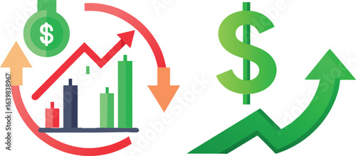 Financial Rise and Fall: Dynamic visual of market fluctuations with an upward arrow symbolizing growth, complemented by financial symbols