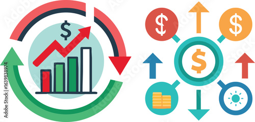 Financial Growth Infographics: An insightful, brightly colored financial graphic displaying growth, progress, and investment dynamics.