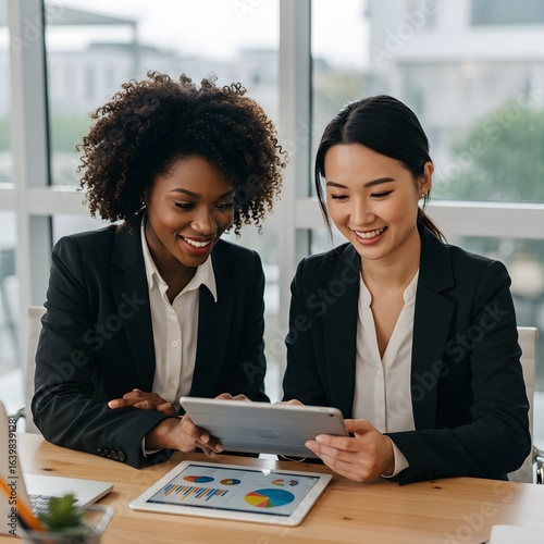 Happy business women working together online on a digital tablet at the office..