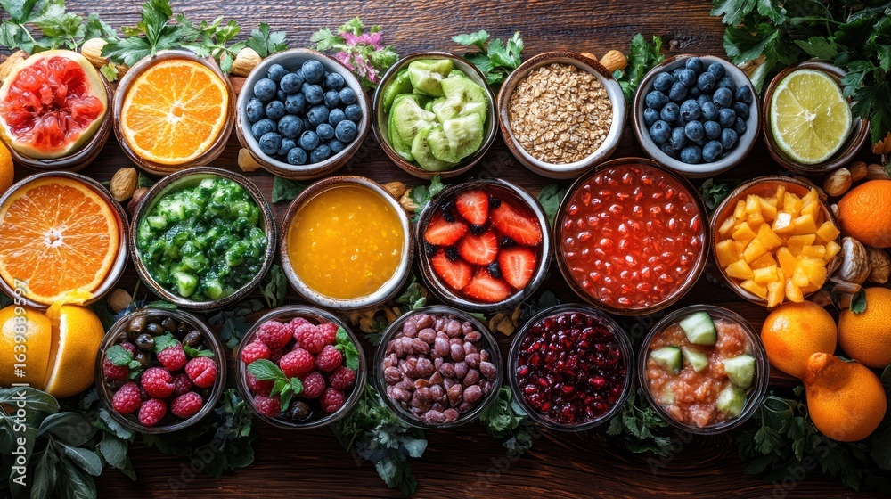 Colorful array of fresh fruits and vegetables in small bowls Colorful array of fresh fruits and vegetables in small bowls