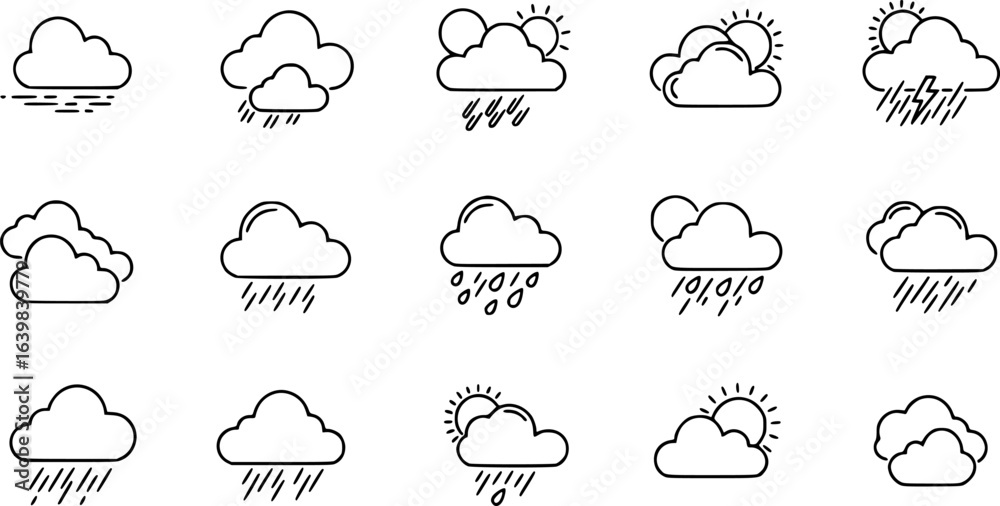 Obraz premium Set of clouds in a linear style. Cloud in line or outline collection. Vector illustration. 