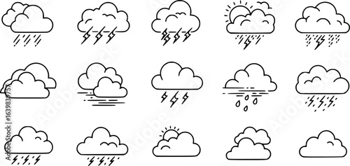 Set of clouds in a linear style. Cloud in line or outline collection. Vector illustration.
