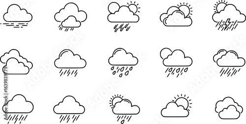 Set of clouds in a linear style. Cloud in line or outline collection. Vector illustration.
