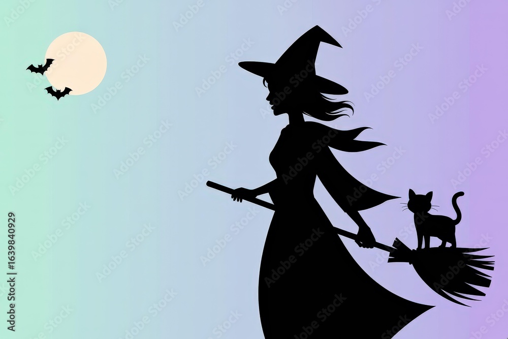 Fototapeta premium Minimalist Vector Witch Broomstick Silhouette Black Cat, Full Moon & Bats — Pastel Mint Lavender Gradient Background, Right-Aligned Copy Space / Negative Space Halloween Promotion Banner, Party Invita