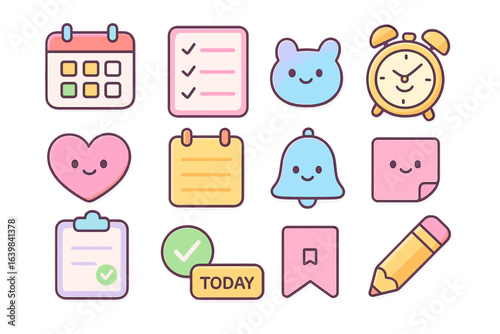 Colorful planner icons with checklists, reminders, and alarms digital planning icons
