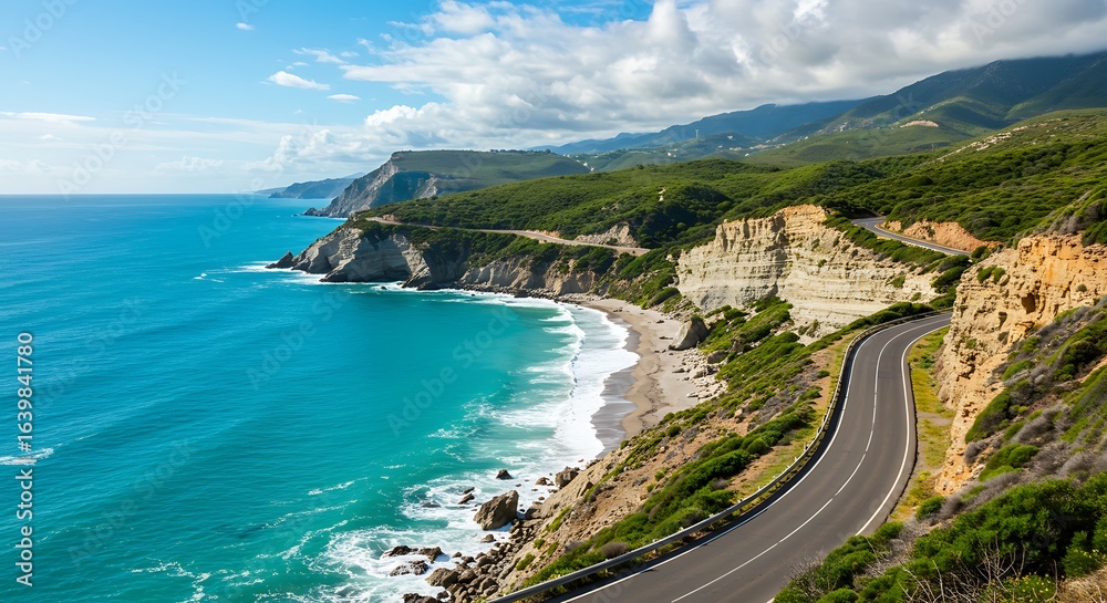 Obraz premium Scenic Coastal Road Along Turquoise Sea with Cliffside View