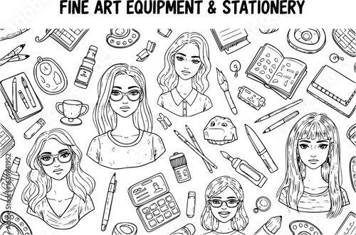Fine art equipment and stationary doodle and tool model icon in isolated background. Art subject doodle used for school education or document decoration with subject header text