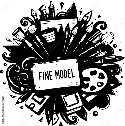 Fine art equipment and stationary doodle and tool model icon in isolated background. Art subject doodle used for school education or document decoration with subject header text