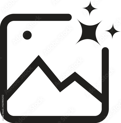 Image enhancement icon with sparkle effect, clean black and white vector symbol for photo editing, picture improvement, graphic design, and digital media quality upgrade projects.