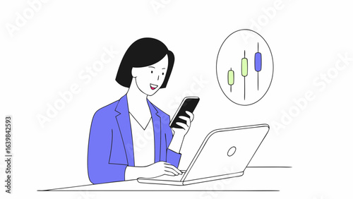 Woman trading stocks online using laptop and mobile phone analysis