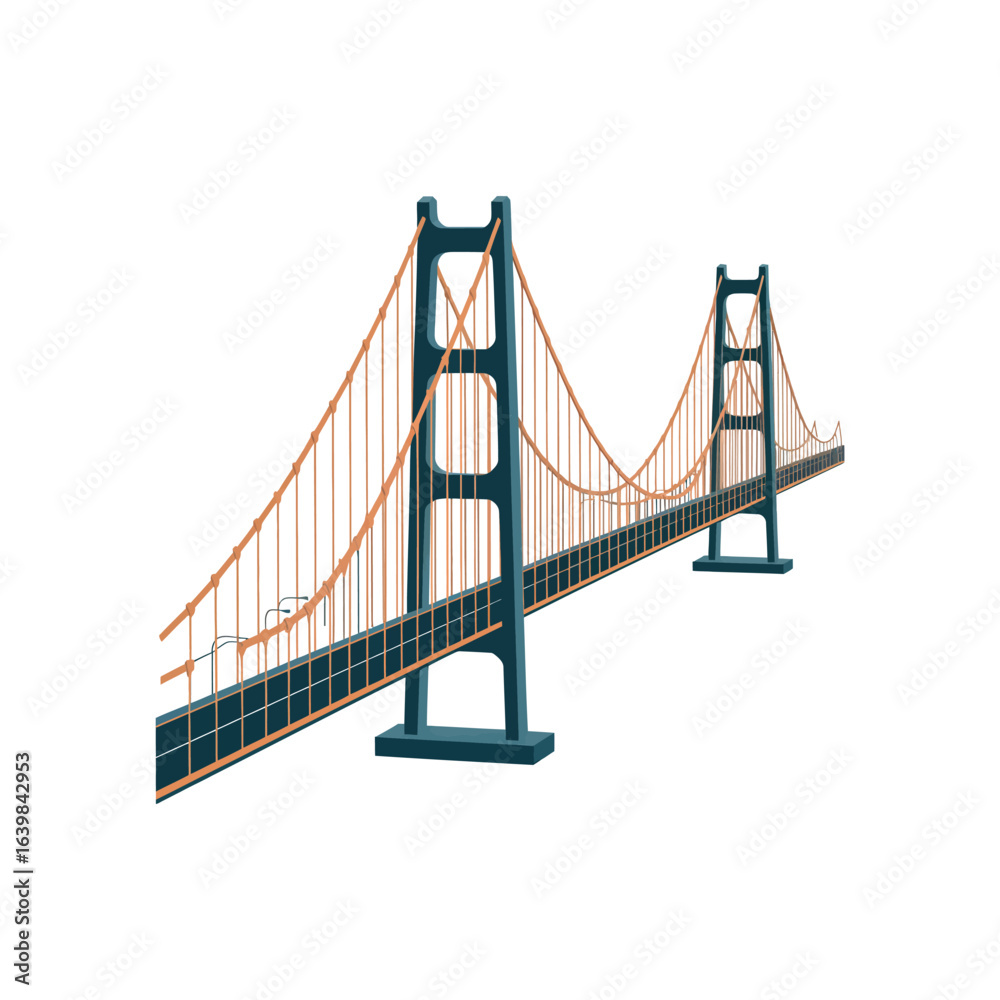 Fototapeta premium Stylized illustration of a suspension bridge with dark teal towers and orange cables architecture engineering