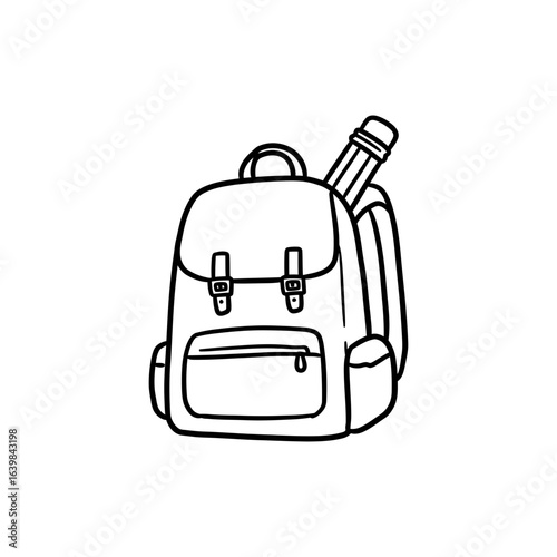 Black and white hand drawn backpack with pencil line art icon, vintage school rucksack illustration with flap buckles and zipper pocket, minimalist doodle outline for education and student supplies