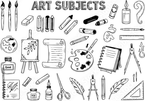 Fine art equipment and stationary doodle and tool model icon in isolated background. Art subject doodle used for school education or document decoration with subject header text