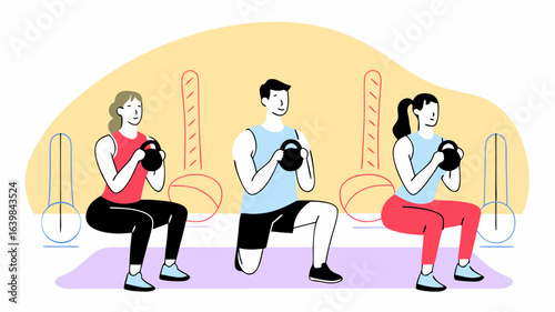Kettlebell workout class group fitness training exercise illustration