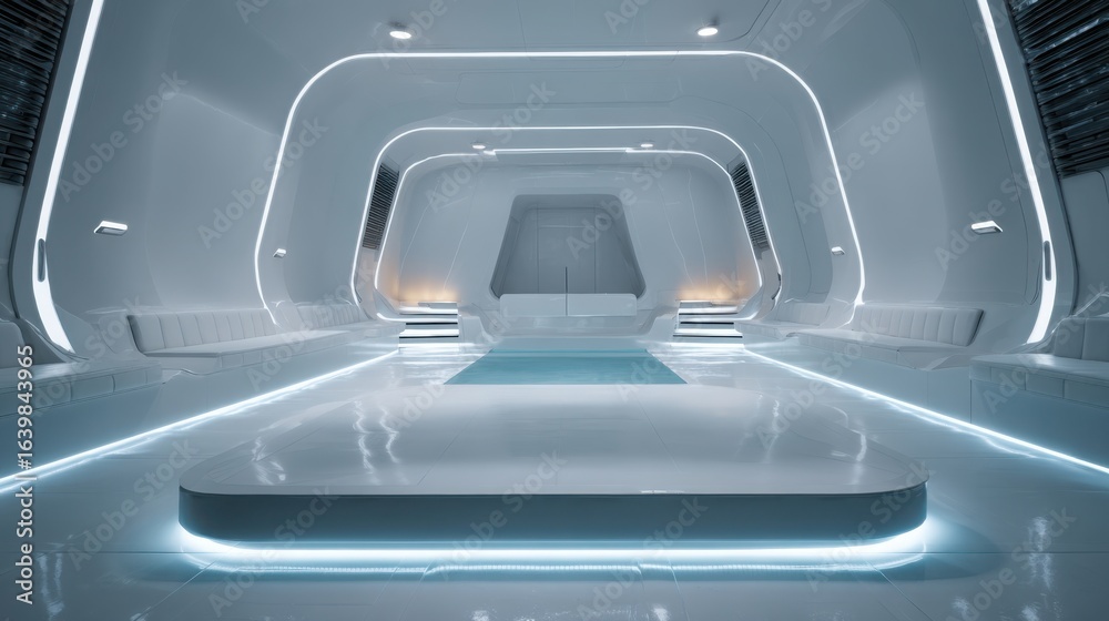 Fototapeta premium Futuristic interior design with white walls and blue lighting creates a bright and sterile environment ideal for science fiction concepts or modern architecture representations