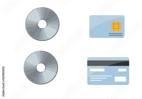Illustrations of computer disks and credit cards on white background as a symbol of choosing a payment method