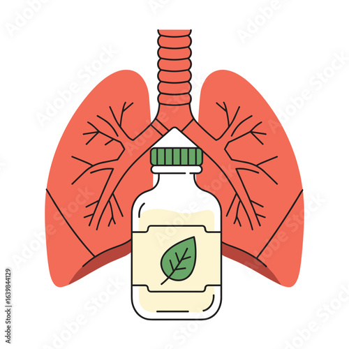 Herbal tincture bottle with bronchial tube illustration in flat style