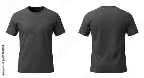 Front and back view of a dark gray t shirt isolated on transparent background