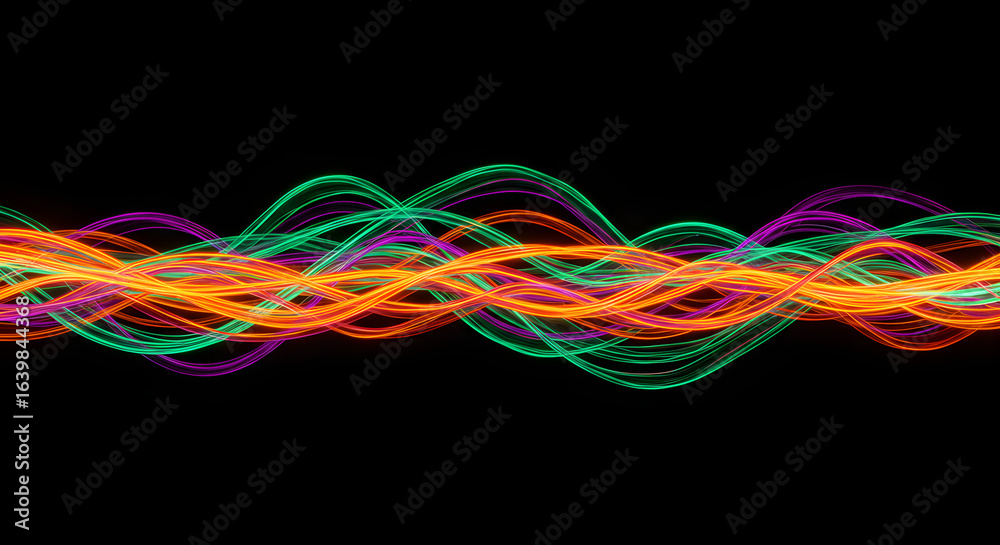 Neon Light Trails on a Black Background Creating an Abstract Wave Pattern, with Vibrant Colors Suggesting Energy, Movement, and Technological Neon Light Trails on a Black Background Creating an Abstract Wave Pattern, with Vibrant Colors Suggesting Energy, Movement, and Technological