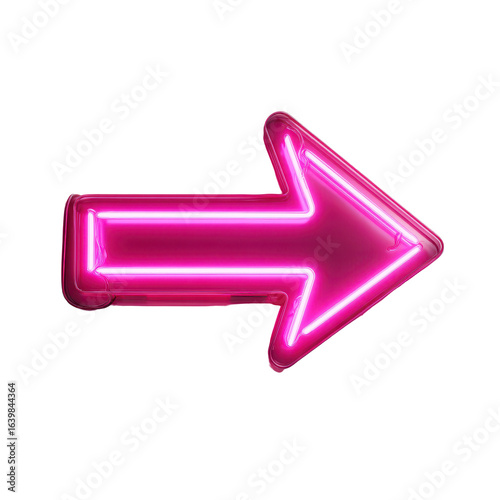 Neon pink arrow sign pointing right, glowing against a white background for vibrant direction display