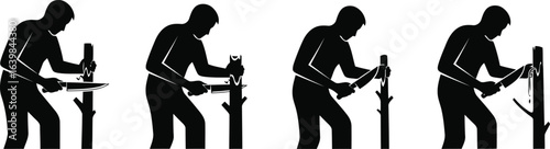  Man Whittling Stick with Knife Silhouette Icon Vector Set - Traditional Craft and Wood Carving