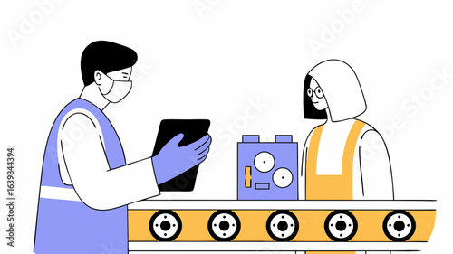 Manufacturing safety inspection with workers on assembly line job