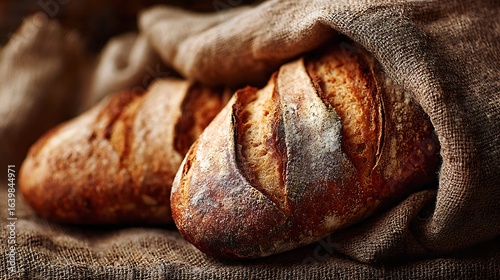 freshly baked bread on rustic linen detailed texture soft warm natural light