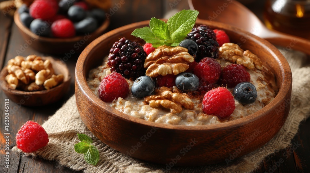 Foods to Boost Liver Health. Delicious oatmeal topped with fresh berries and walnuts in a rustic wooden bowl. Foods to Boost Liver Health. Delicious oatmeal topped with fresh berries and walnuts in a rustic wooden bowl.