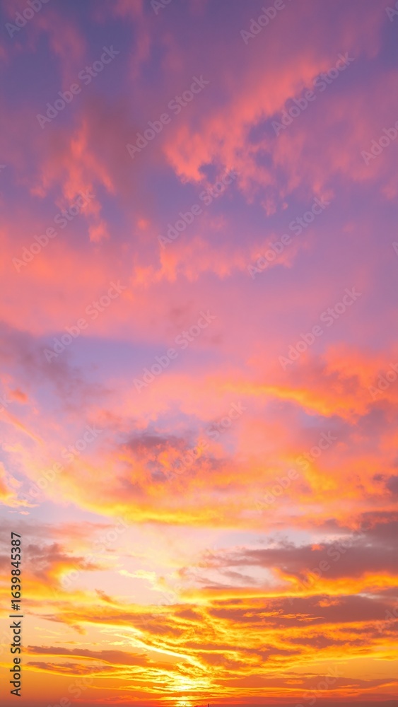 Obraz premium A breathtaking sunset over the ocean, with vibrant hues of orange, pink, and purple reflecting on the water, while fluffy clouds drift lazily above.