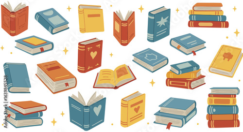 A Colorful Collection of Open and Closed Books Showcasing Various Styles and Designs Stacked and Scattered Across a White Background