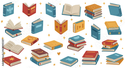 A Vibrant Collection of Diverse Open and Closed Books Displayed on a White Background Surrounded by Subtle Sparkle Accents Symbolizing Knowledge and Discovery