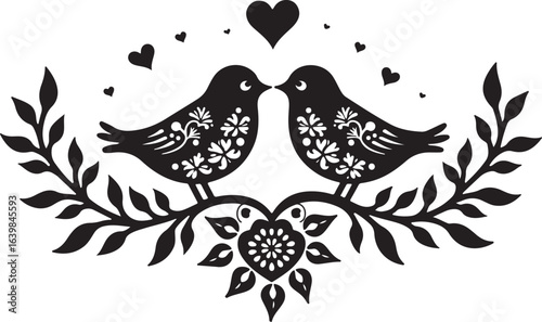 Romantic Love Birds Silhouette with Heart and Branches – Elegant Wedding Vector
