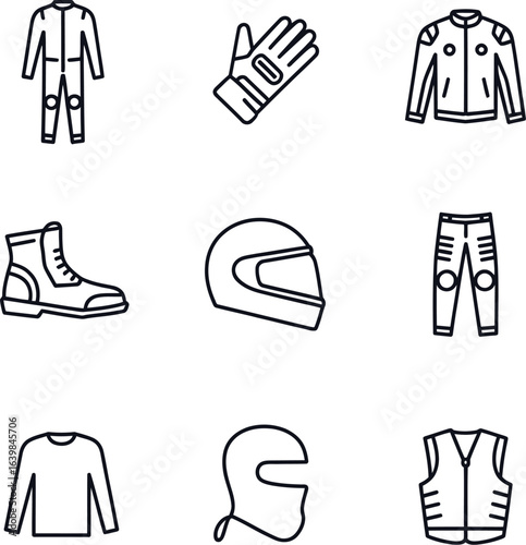 Motorcycle Gear Set: A minimalist collection of essential motorcycle gear, rendered in a clean, modern style. Featuring a full-body suit, gloves, jacket, boots, helmet, pants, sweatshirt, balaclava.