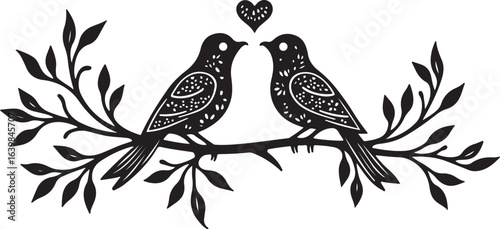 Romantic Love Birds Silhouette with Heart and Branches – Elegant Wedding Vector