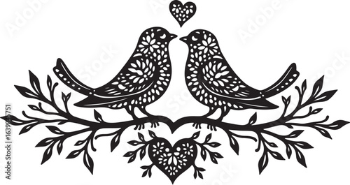 Romantic Love Birds Silhouette with Heart and Branches – Elegant Wedding Vector