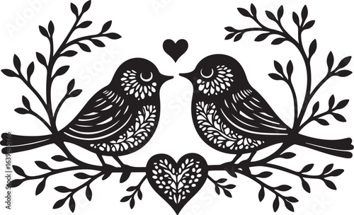 Romantic Love Birds Silhouette with Heart and Branches – Elegant Wedding Vector